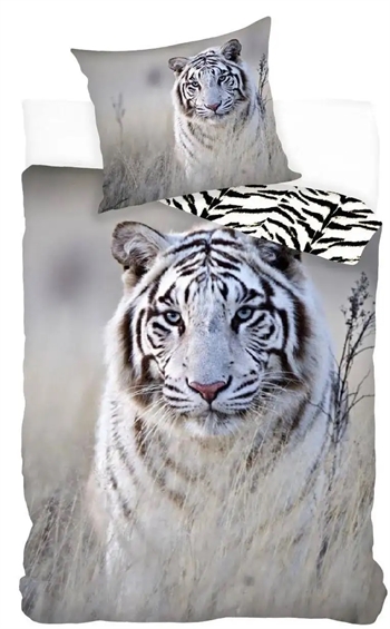 Billede af Sengetøj børn - 140x200 cm - Sengesæt med hvid tiger - Vendbar dynebetræk - 100% bomuld